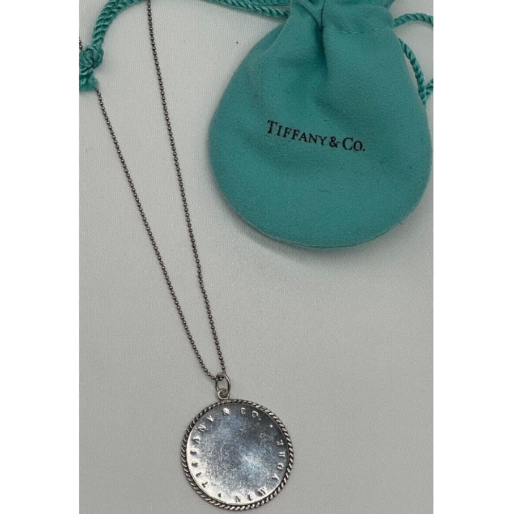 Tiffany & Co. Sterling silver 1.25" round flat pendant rope trim 18" ball chain